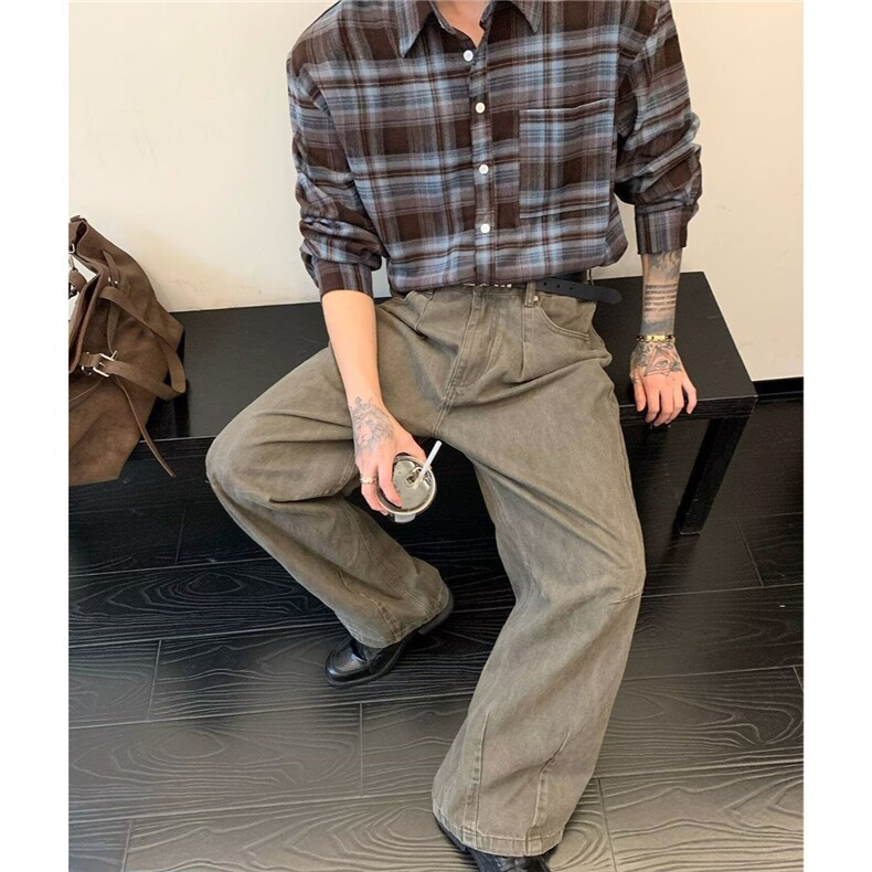 美式阔腿牛仔裤女春秋新款大码胖MM复古垂感宽松百搭直筒拖地裤子,男装牛仔裤,星座506A