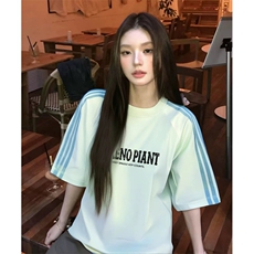 抖音得物品质二开240克宽松纯棉美式潮牌印花三条杠中性风短袖T恤，男装T恤，电商A486-1
