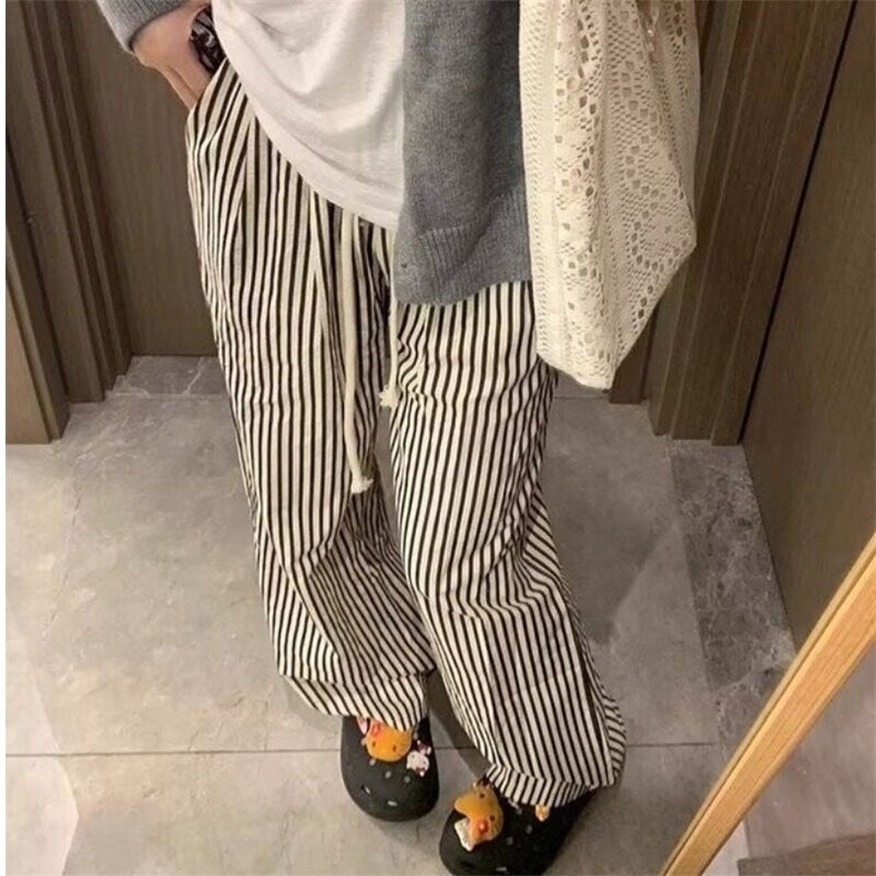 美式复古竖条纹裤子女宽松显瘦休闲直筒阔腿裤 XRG113图片