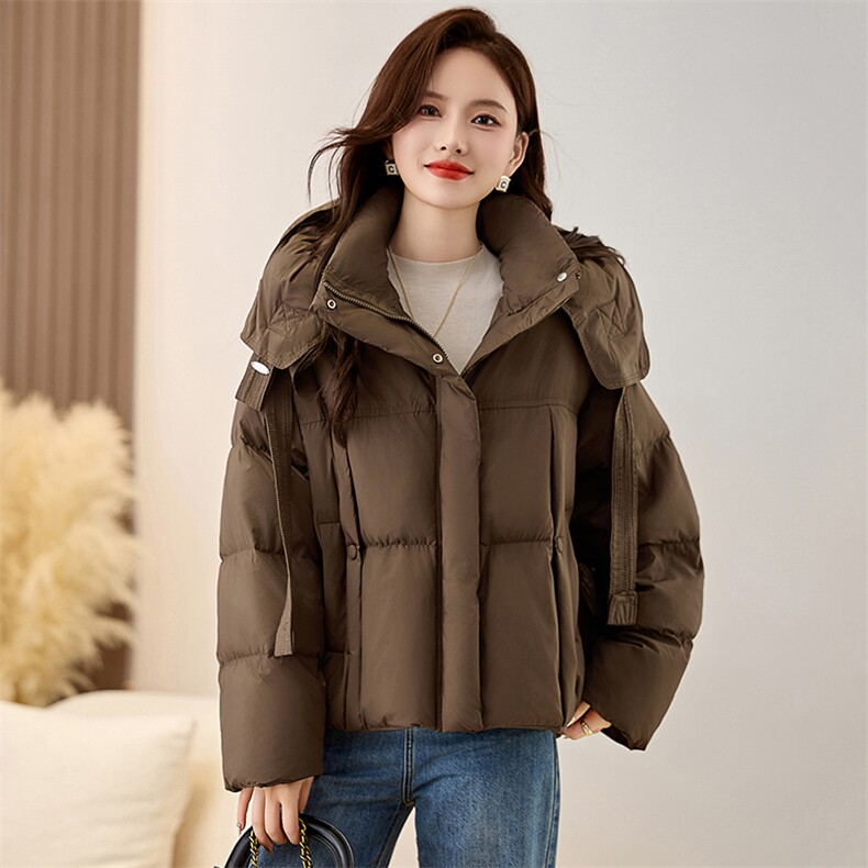 连帽飘带短款羽绒服女2024冬季新款加厚小个子90白鸭绒面包服外套,女装羽绒服,衣之秀