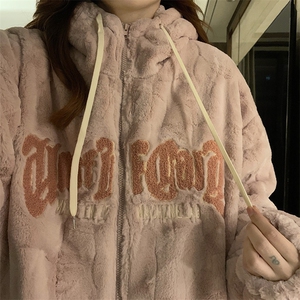 C913-P165加绒加厚毛茸茸兔毛高级感棉服美式复古刺绣羊羔毛外套图片