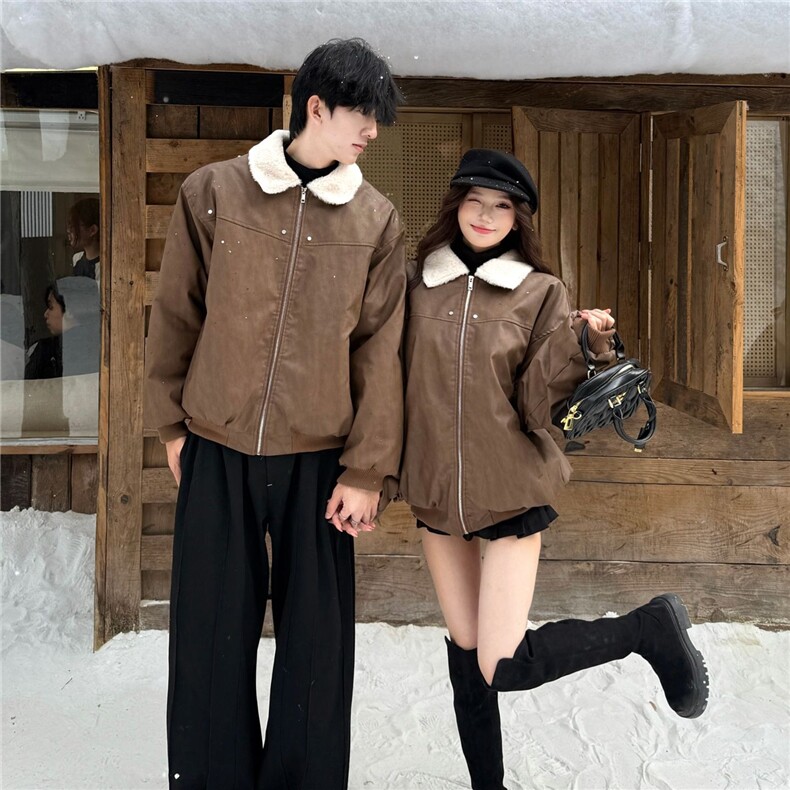 网图美式PU皮羊羔绒夹克棉服情侣夹棉皮衣保暖翻领棉衣KY1818-P78,男装夹克,电商A025