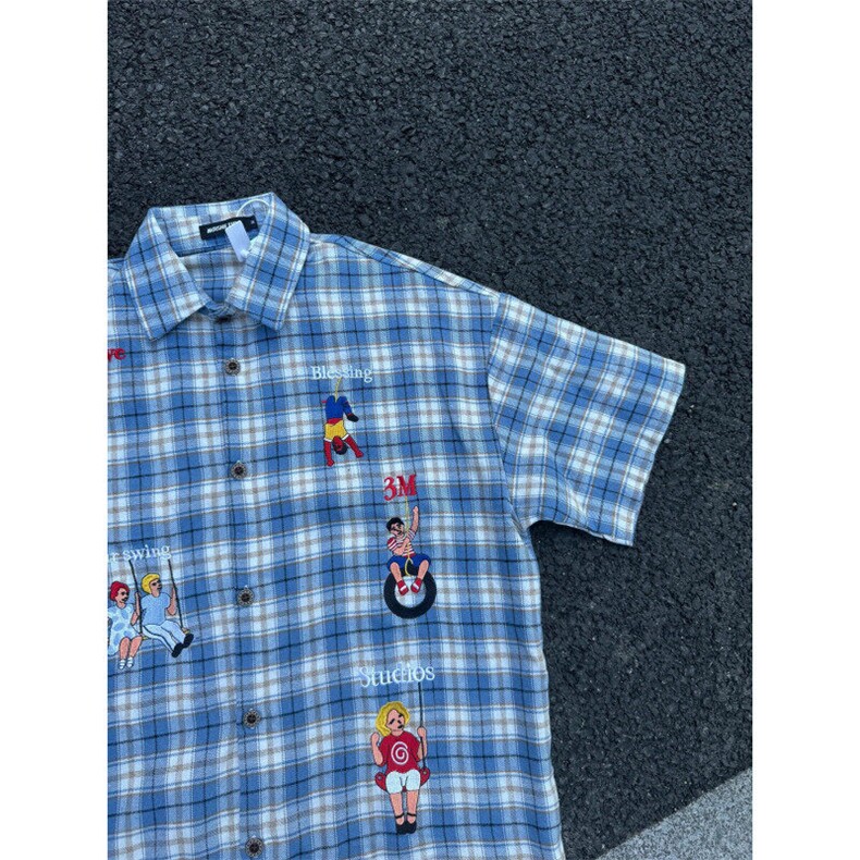 【有货】T07CC-特P40格子刺绣短袖衬衫男女款情侣外套,男装衬衫,星座1007（原301D）