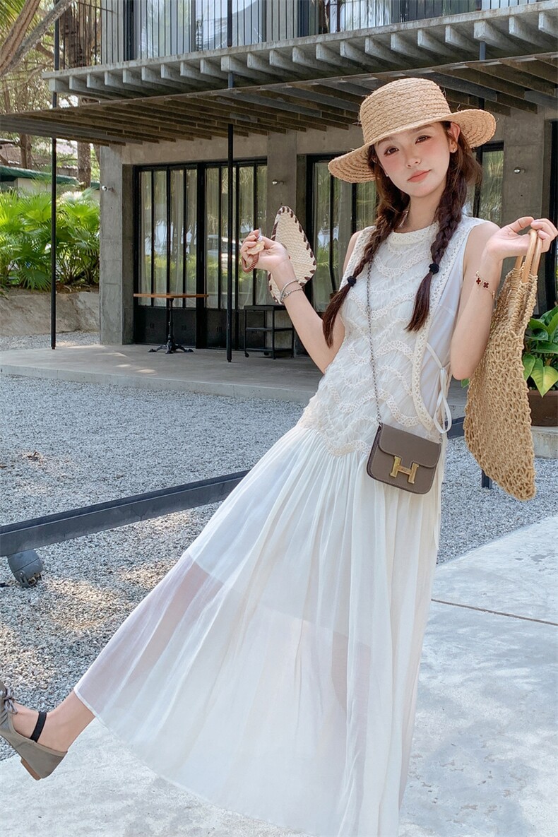 度假风白色无袖连衣裙女2025夏季新款法式温柔风气质绝美背心长裙,女装连衣裙,2C081