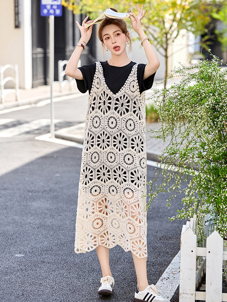 慵懒松弛感连衣裙女夏季2025新款韩版宽松遮肚显瘦蕾丝裙子两件套,女装套装/套裙,丽美静依