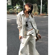 春夏cleanfit条纹泡泡纱衬衣高智感休闲正肩长袖衬衫复古条纹上衣，男装衬衫，星座506A