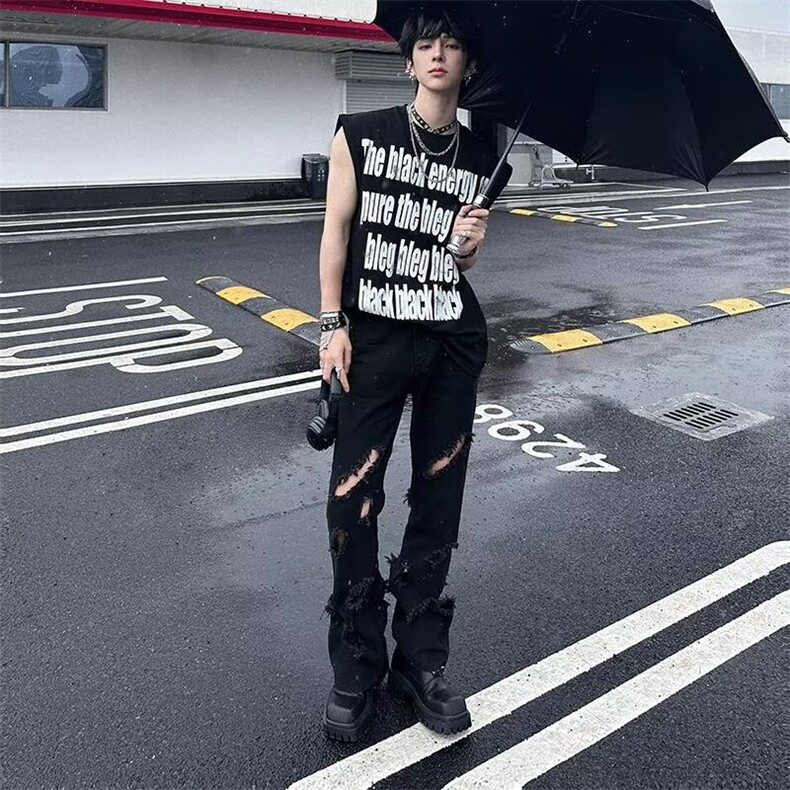 2026新复古破洞微喇叭黑色牛仔裤vibe高街直筒长裤K60436-P38网图,男装牛仔裤,电商B245