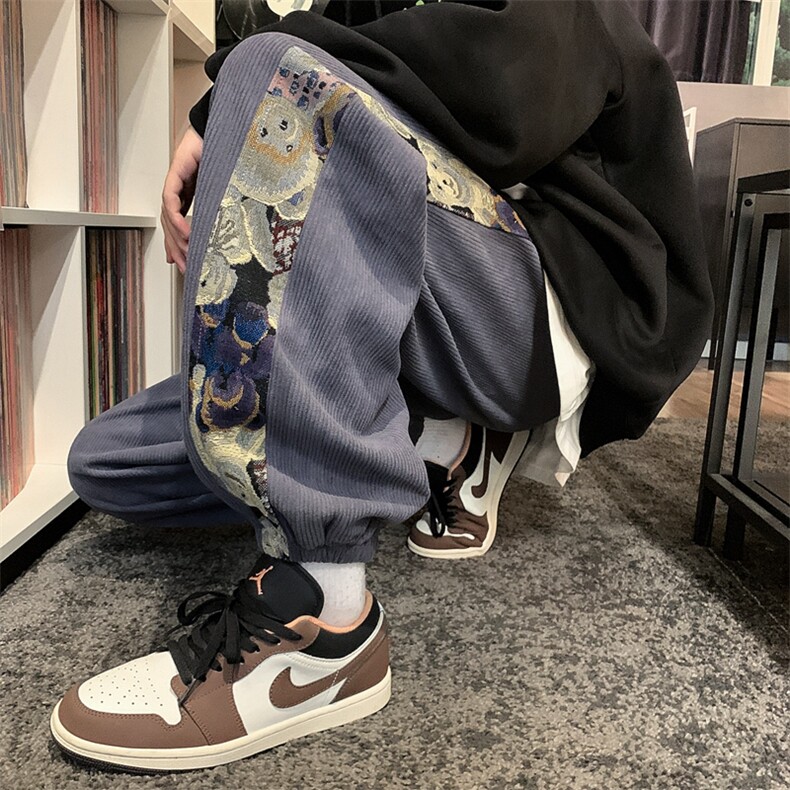 港风美式灯芯绒小熊刺绣ins束脚运动休闲裤XZ213-DK2003-P45控58,男装休闲裤,星座213