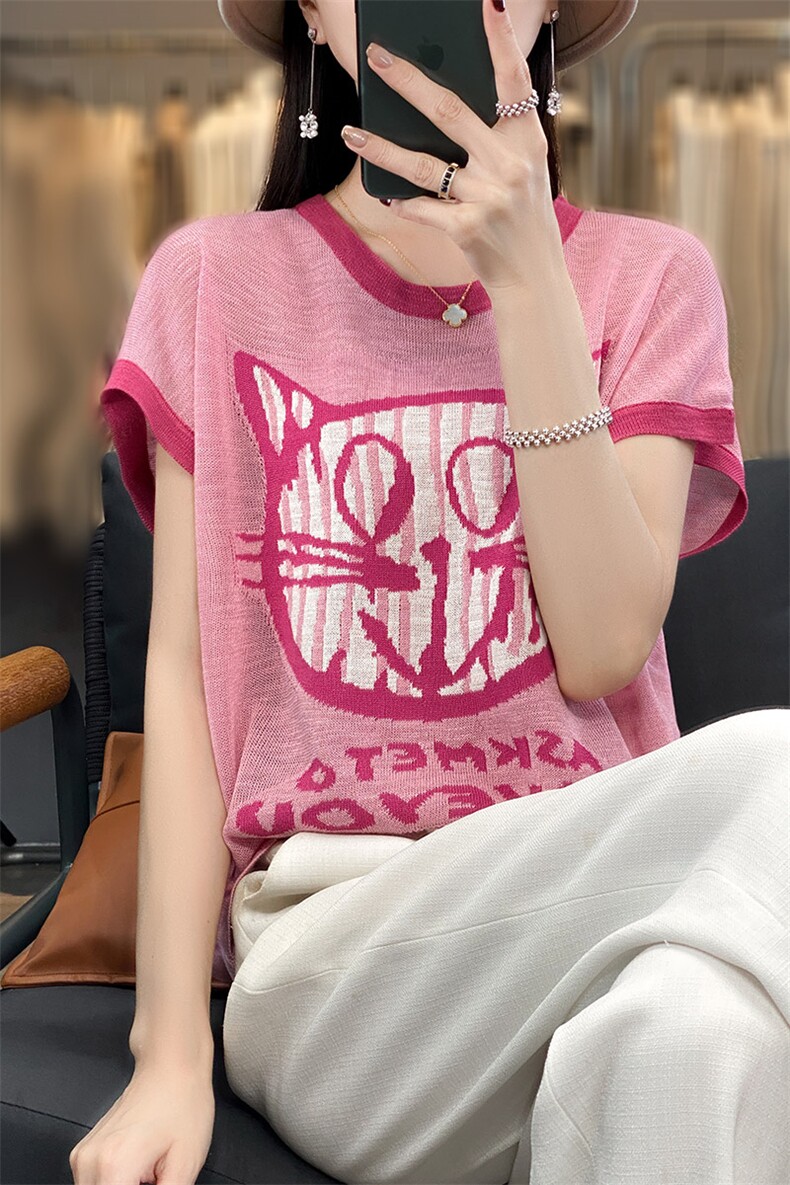 冰丝针织衫女t恤短袖薄款夏季2025新款小个子宽松设计感小众上衣,女装T恤,佳绒包芯纱店