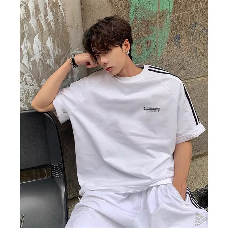 抖音得物高品质二开240克宽松纯棉美式潮牌三条杠织带短袖T恤，男装T恤，电商A486-1