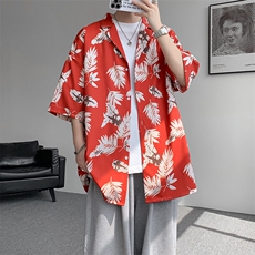 8XL-M冰丝凉感衬衣垂感透气复古花纹宽松男五分袖短袖衬衫CS526，男装T恤，电商D206-1