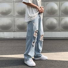 破洞牛仔裤男夏季薄款宽松直筒九分裤韩版百搭乞丐裤长裤N898-P40，男装牛仔裤，星座1008-1