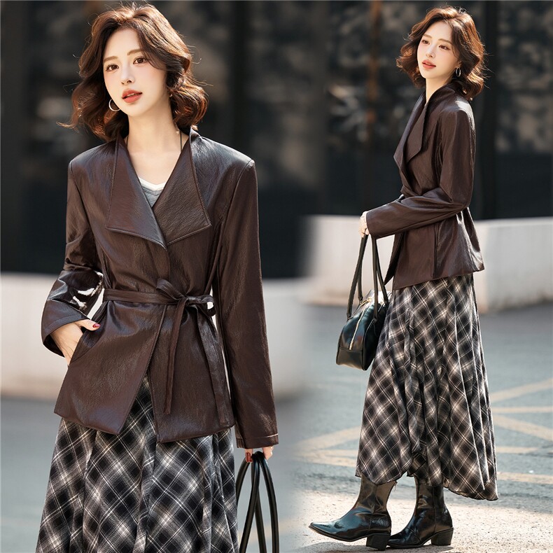 BAO款欧版气质大翻领显瘦超柔蛋白皮设计感系带短款PU皮风衣外套，女装皮衣，潮流依族