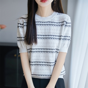 纯棉线条纹圆领针织短袖T恤女2025夏薄款舒适时尚打底半袖t恤上衣图片
