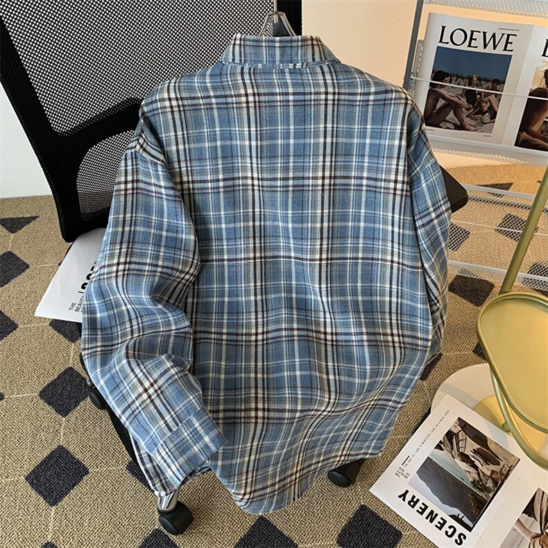 高品质夏款男长袖衬衫条纹格子工装口袋贴标宽松衬衣CS297P40,男装衬衫,星座1013-1