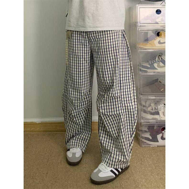 慵懒格子弯刀休闲裤子男女设计感星星挂饰阔腿直筒长裤LSA170-p48,男装休闲裤,星座1008