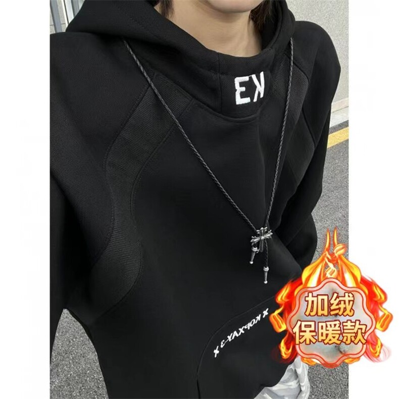 连帽卫衣男女秋冬加绒新款美式拼接刺绣外套boxy硬挺内搭套头上衣，女装短外套，星座1210-1