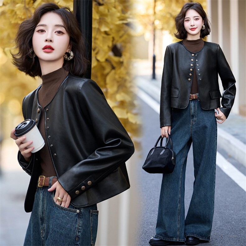 黑色小皮衣外套女2025秋季新款短款pu皮夹克圆领休闲单排扣上衣女，女装皮衣，沁沁公主