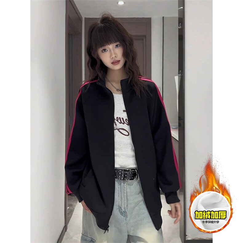 480G重磅加绒硬挺boxy男女秋冬美式高街三条杠立领卫衣开衫厚外套图片