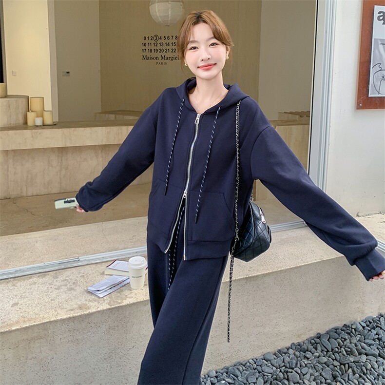 休闲减龄穿搭藏蓝色连帽卫衣套装女春秋超火好看高级感长裤两件套,女装套装/套裙,2C205