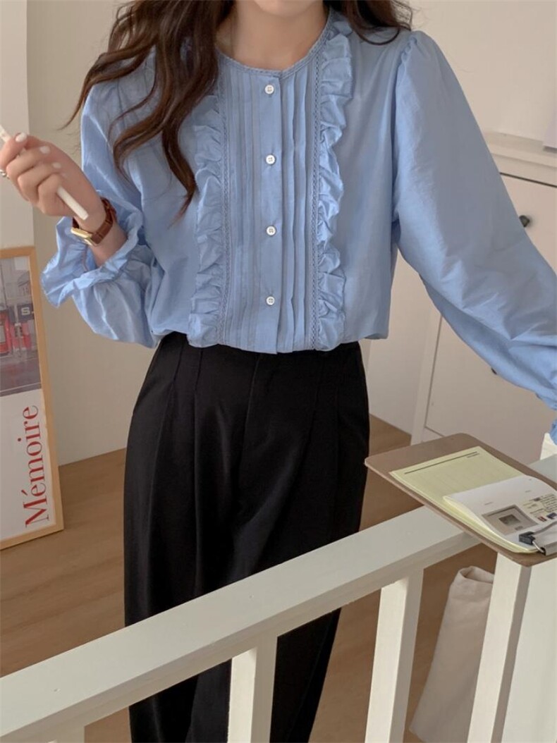 【小衫】圆领花边褶皱韩系小衫，其它，DAP