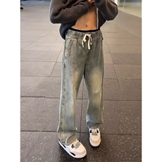 美式高街vibe裤子男秋季浅蓝色抽绳牛仔裤阔腿宽松弯刀直筒微喇裤，男装牛仔裤，星座601-1