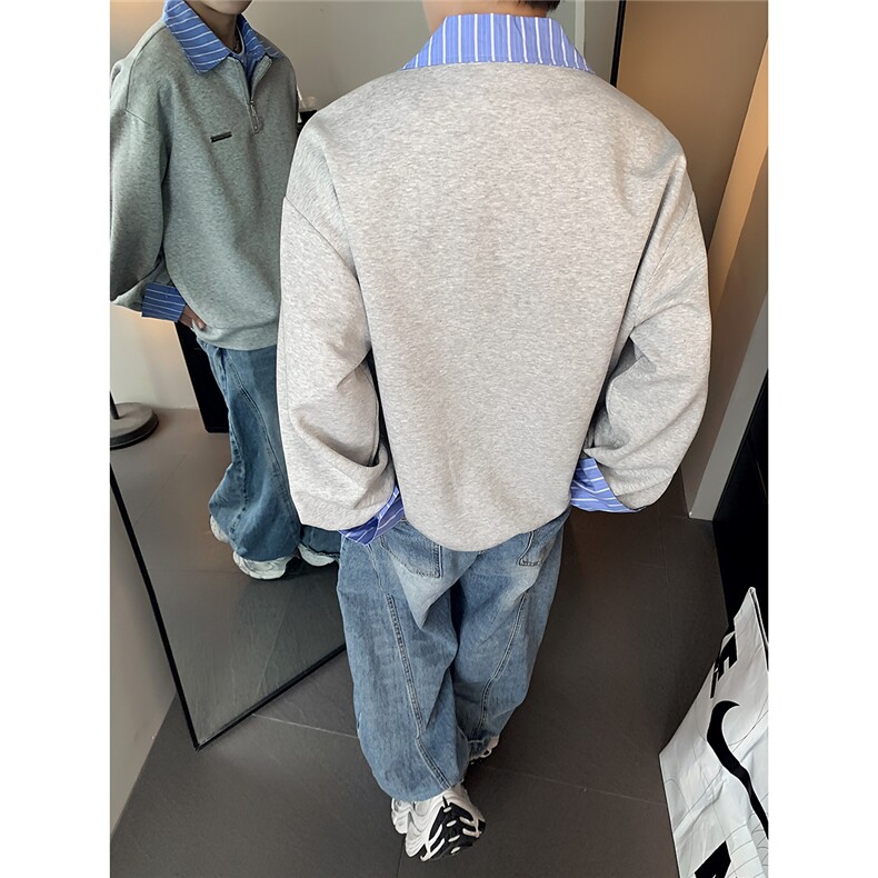 复古条纹拼接翻领假两件卫衣男女秋季灰色宽松外套上衣W100-P58,女装短外套,电商C307