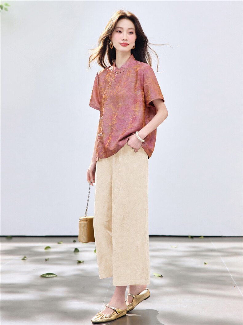 长期现货2026夏装新款时尚两件套装女提花新中式衬衫T阔腿腿裤女,女装套装/套裙,璐依舞
