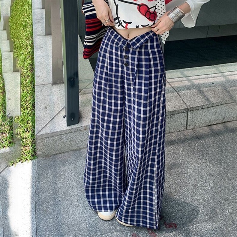 明星同款复古阔腿格子裤女2025夏季新款直筒休闲裤垂感拖地长裤,男装休闲裤,四季星座505