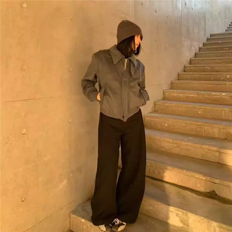 假两件双门禁仿羊毛夹克女新春美式正肩短宽boxy重磅翻领毛呢外套,男装夹克,星座506A