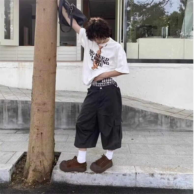 美式复古纯色牛仔七分裤多口袋设计工装裤水洗短裤男女潮流2025夏,女装休闲裤,星座506A