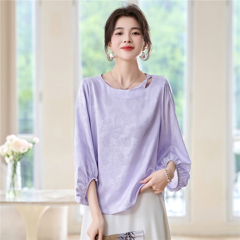 2025夏季新款时尚气质真丝提花小衫纯色宽松直筒桑蚕丝圆领长袖衣，女装衬衫，阿舍尔精品