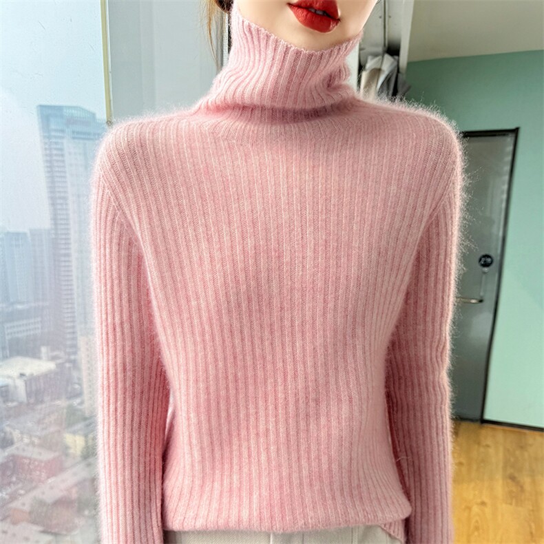 羊毛衫女堆堆领毛衣加厚宽松慵懒坑条高领针织打底内搭,女装羊毛衫,美轩羊绒
