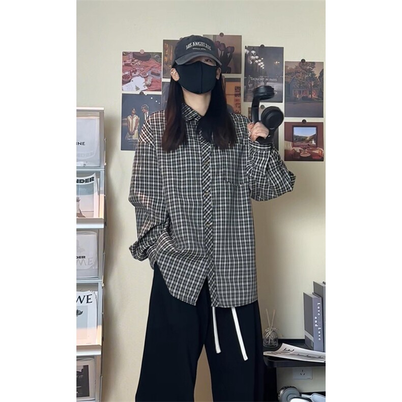 日系复古格子衬衫长袖宽松慵懒松弛感衬衣外套男C2225-特价35,男装衬衫,电商A007