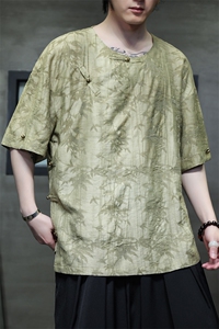2025夏季新款风男汉服盘扣新中式唐装天丝竹叶衬衫 C131-P75图片