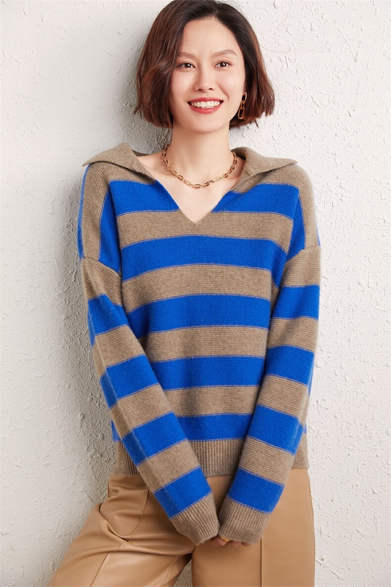 秋冬新款时尚百搭加厚V领条纹羊绒衫舒适保暖显瘦长袖毛衣女,女装羊绒衫,雅之冉羊绒