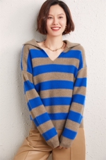 秋冬新款时尚百搭加厚V领条纹羊绒衫舒适保暖显瘦长袖毛衣女，女装羊绒衫，雅之冉羊绒