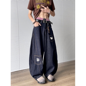 廓形弯刀牛仔裤男女春夏新款字母印花设计感宽松阔腿裤N6407-P52图片