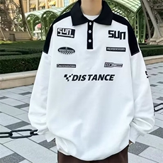 美式复古polo衫潮牌黑白拼接刺绣翻领卫衣男小众高街赛车服外套，男装Polo衫，星座506A
