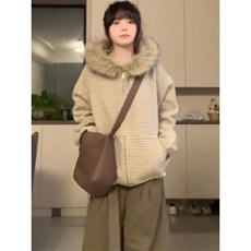 网图美式复古条纹毛领连帽卫衣外套女秋季休闲宽松开衫上衣特P79，女装短外套，电商C306-1
