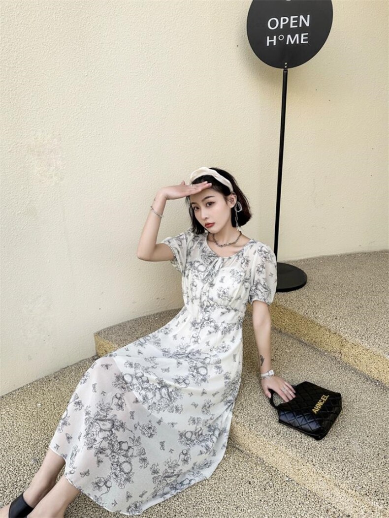 现货新款夏季连衣裙水墨印花短袖，女装连衣裙，荷塘月色