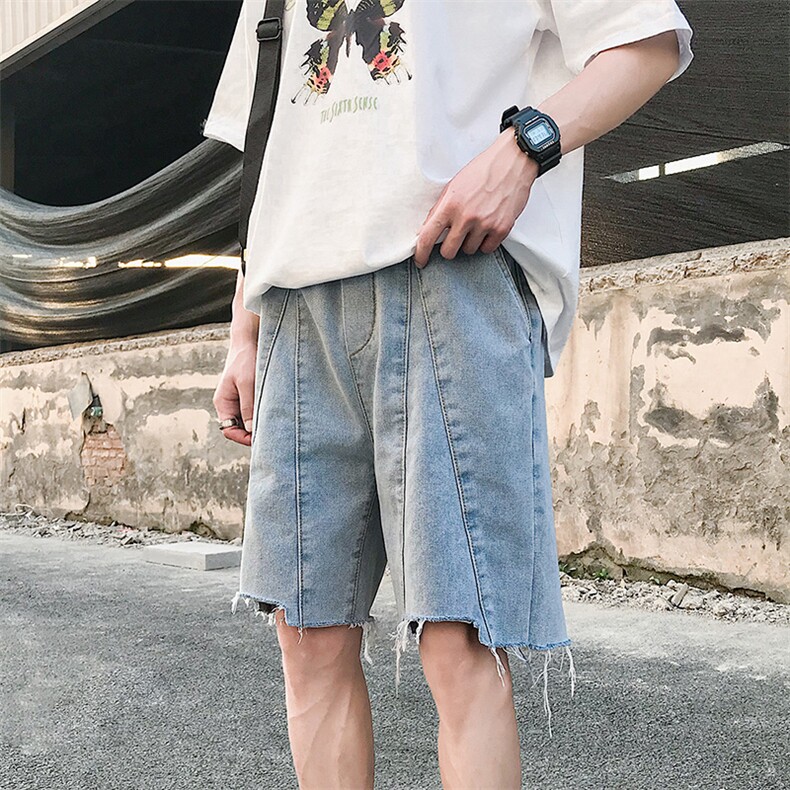 2021夏季新日系大码男港风毛边拼接立体裁剪牛仔短裤ND8116-P45,男装牛仔裤,电商A001