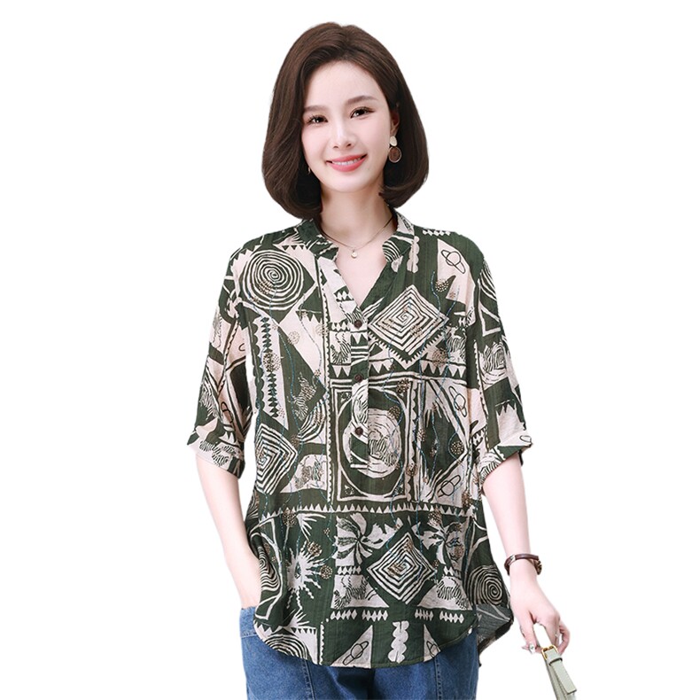 时尚宽松拼接印花镶钻短袖上衣显瘦百搭气质女装衬衫,女装衬衫,叶笙衣