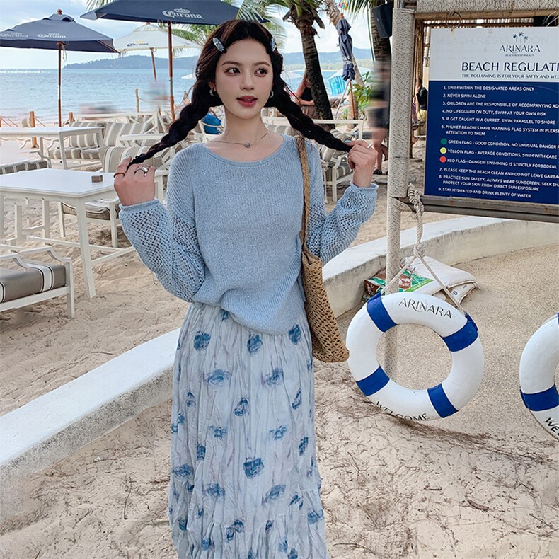 韩系蓝色针织衫碎花半身裙套装女2025春季新款高级感气质两件套潮,女装套装/套裙,浙宝305