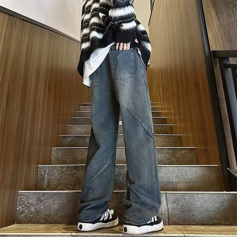 美式高街vibe拼接水洗牛仔裤男女春秋潮牌设计感阔腿长裤-N7052,男装牛仔裤,星座601-2