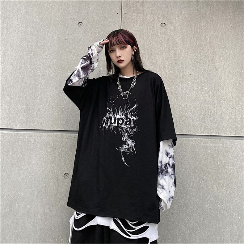 潮流创意嘻哈火焰印花宽松假两件扎染袖长袖上衣,男装卫衣,星座716-2