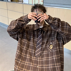 情侣美式复古徽章格子衬衫男长袖衬衣外套XZ225-3-CS03-P45控65，男装衬衫，星座225-3
