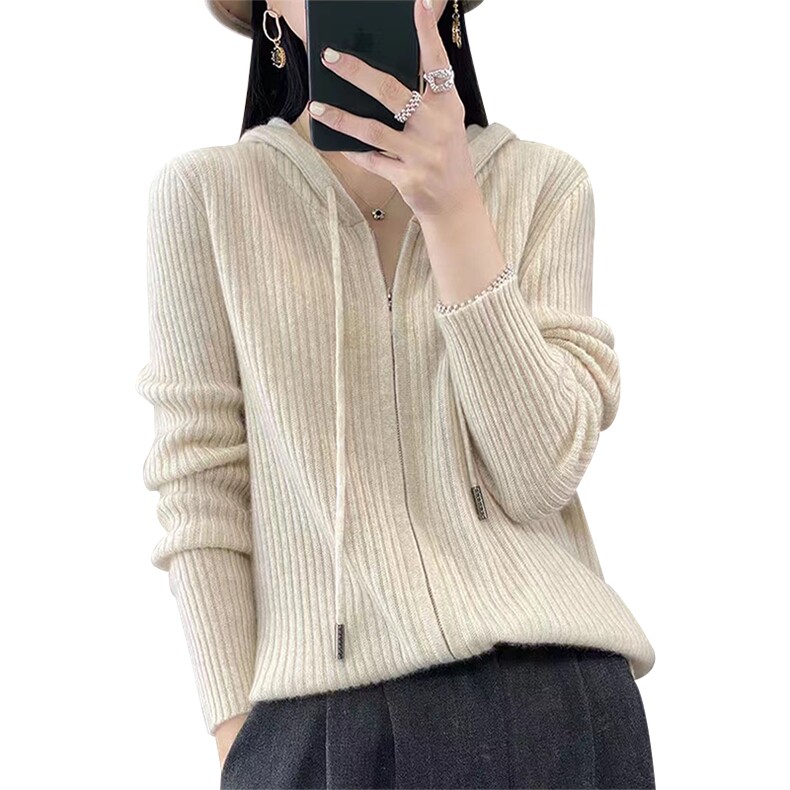 25秋冬新款100%羊毛连帽拉链开衫女羊绒针织宽松百搭坑条上衣外套,针织衫/毛衣,萱芳婷羊绒