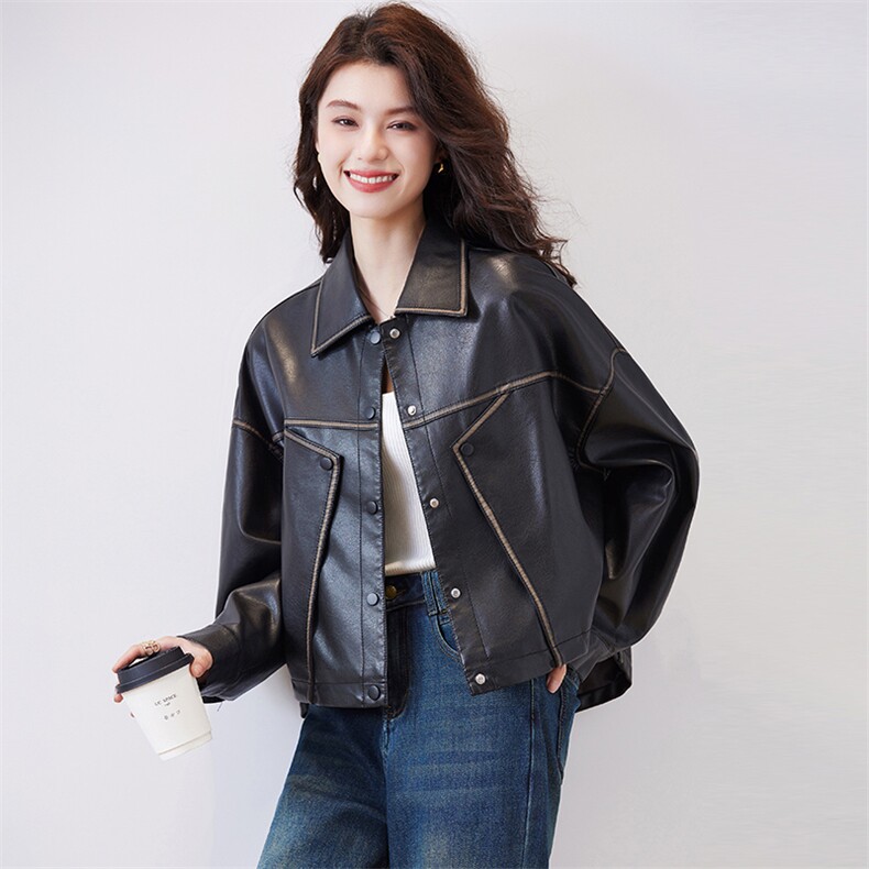 复古拼色皮衣短外套女2024春秋新款高级感小个子机车PU皮夹克上衣,女装皮衣,跑量工厂店