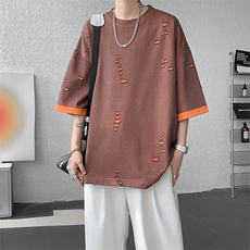 T10137-特批33控68开口笑高品质夏季大码短袖破洞潮流百搭T恤，男装T恤，电商A059